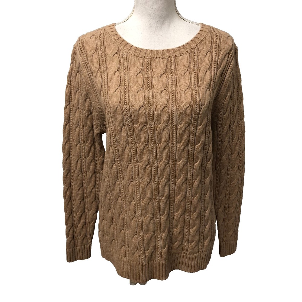 Lands End Cable Knit Sweater Jumper Womens Large Beige Crew Neck Pullover Preppy